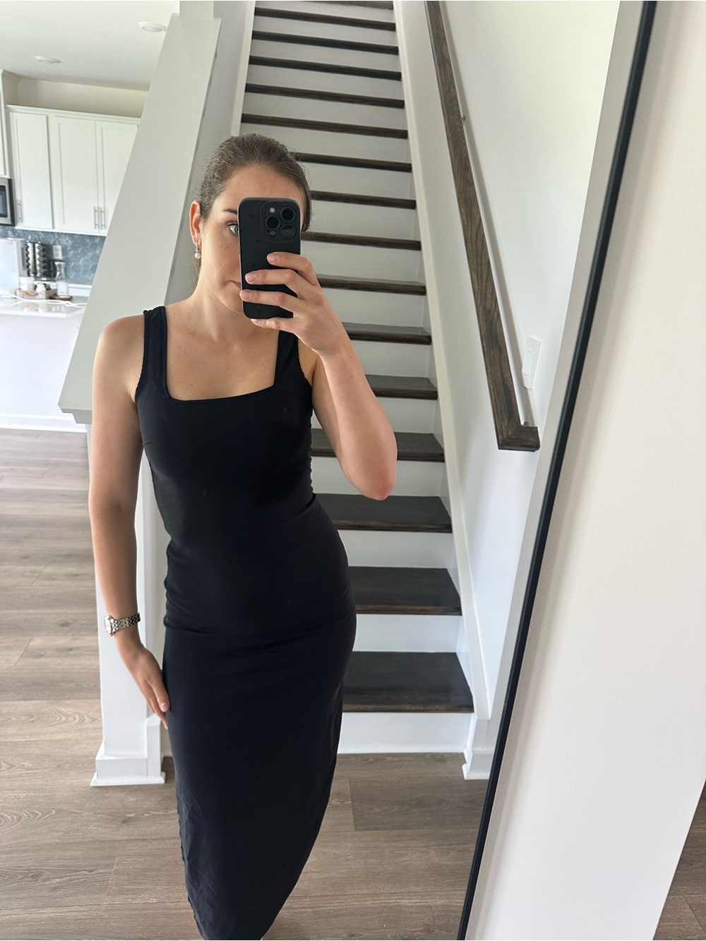 Women's Black Square-Neck Midi Dress